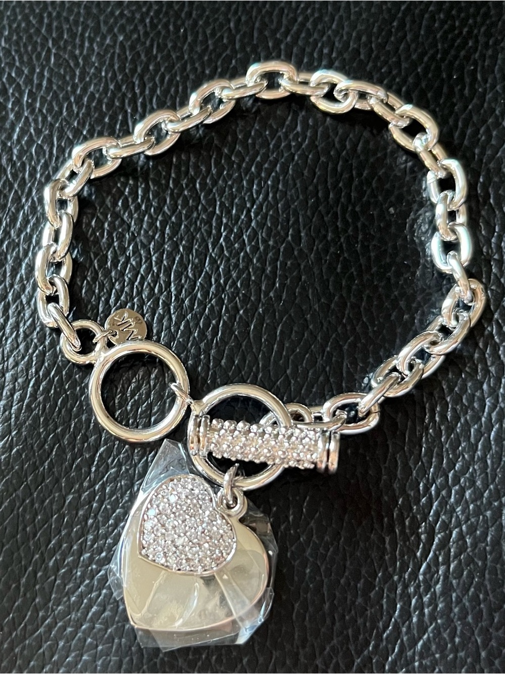 Silver Heart Charm Chain Bracelet with Pave Accent